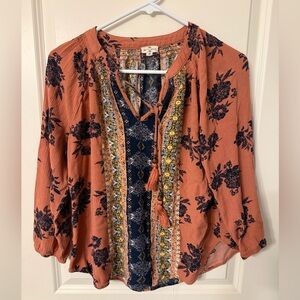 Floral Peasant Blouse in Rust and Navy